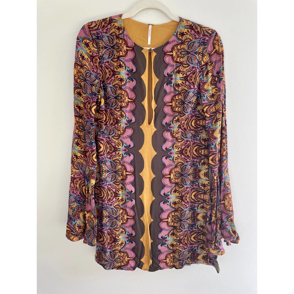 Free People Ossie Vibes Bell Sleeve Paisley Mini Shift Dress Gold Brown Sz 2 - Picture 2 of 6
